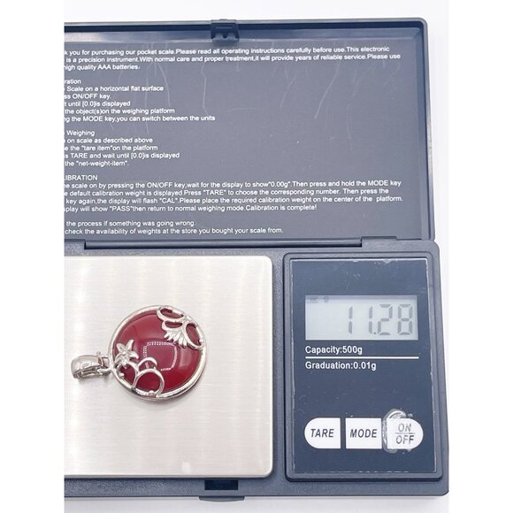 Sterling Silver Carnelian Pendant/Enhancer Floral Overlay Vintage 925 Marked - Picture 8 of 9